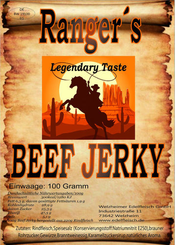 5x100 Gramm Original Rangers Beef Jerky Trockenfleisch geschnitten